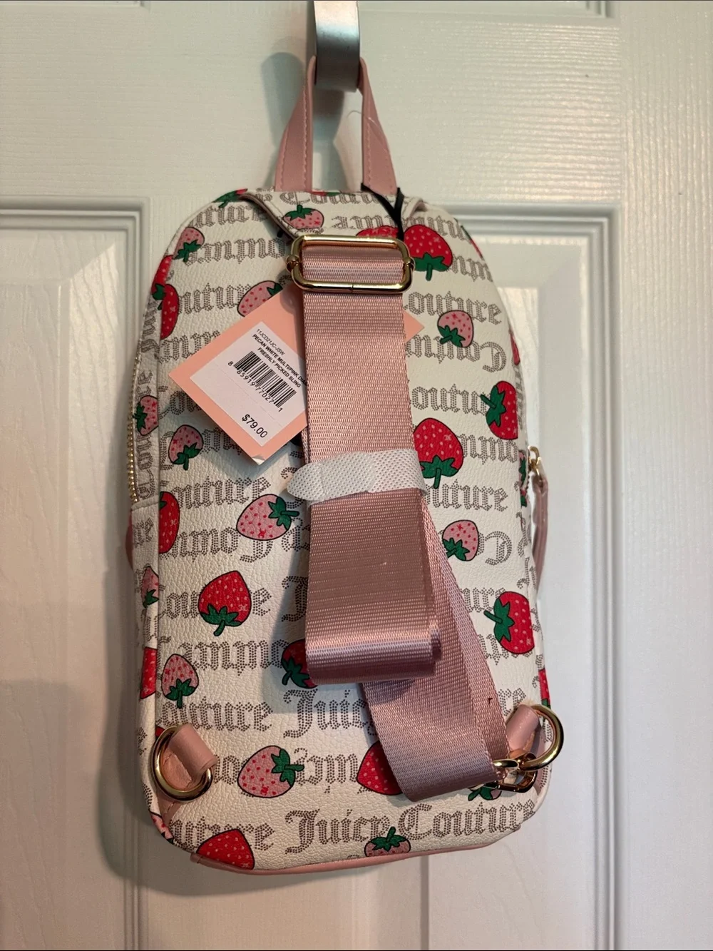 BNWT JUICY COUTURE White & Pink Strawberry Print Mini Sling Backpack